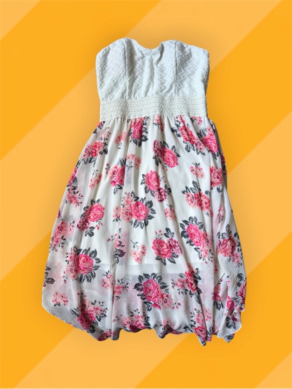 No Boundaries Strapless White Dress with Pink Floral Skirt - Picture 2 of 4